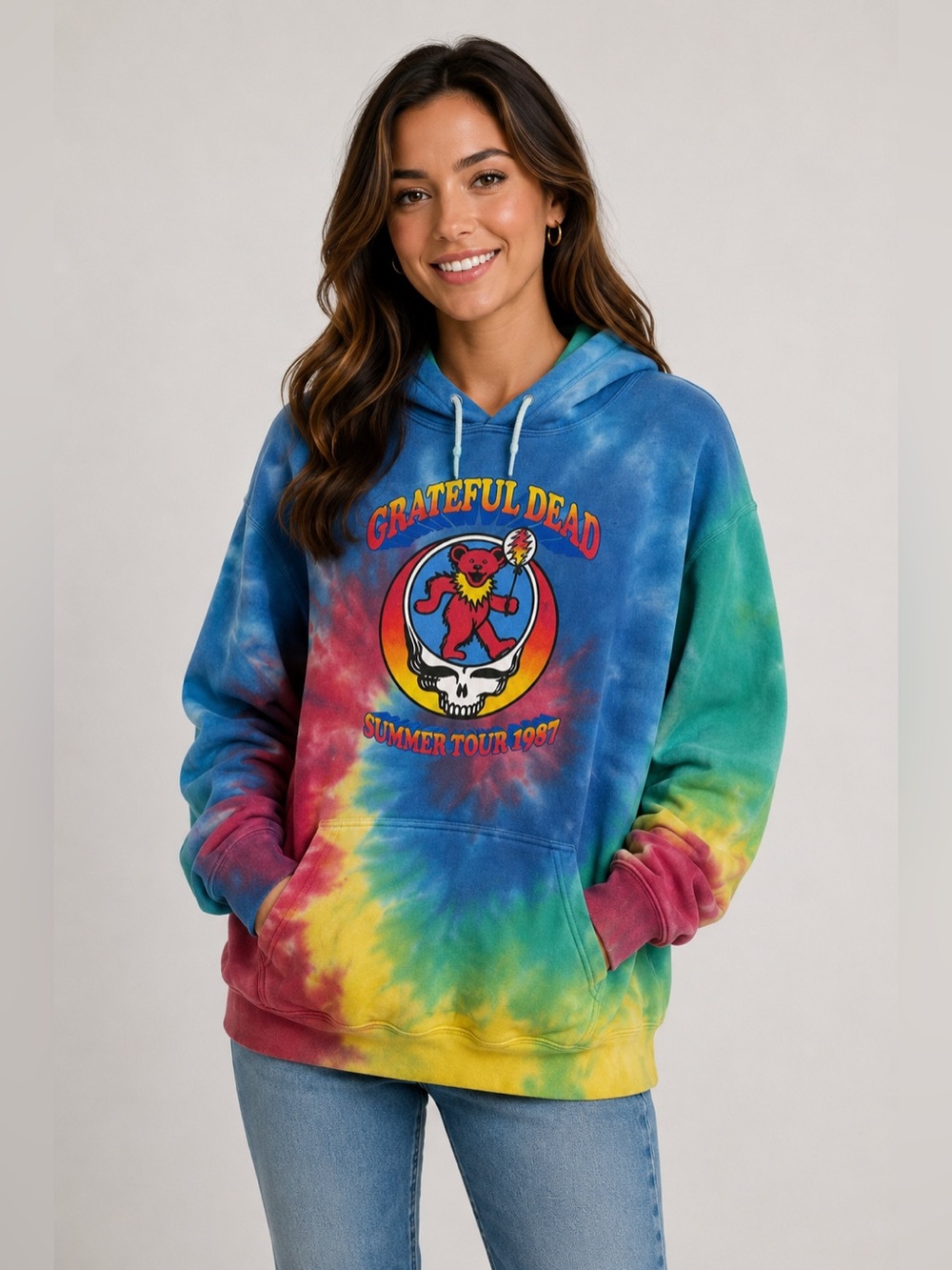 Grateful Dead Tie Dye Hoodie Summer Tour 1987 Steal Your Face 2XL Pullover